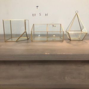 Anthropologie gold glass makeup organizers, set of three